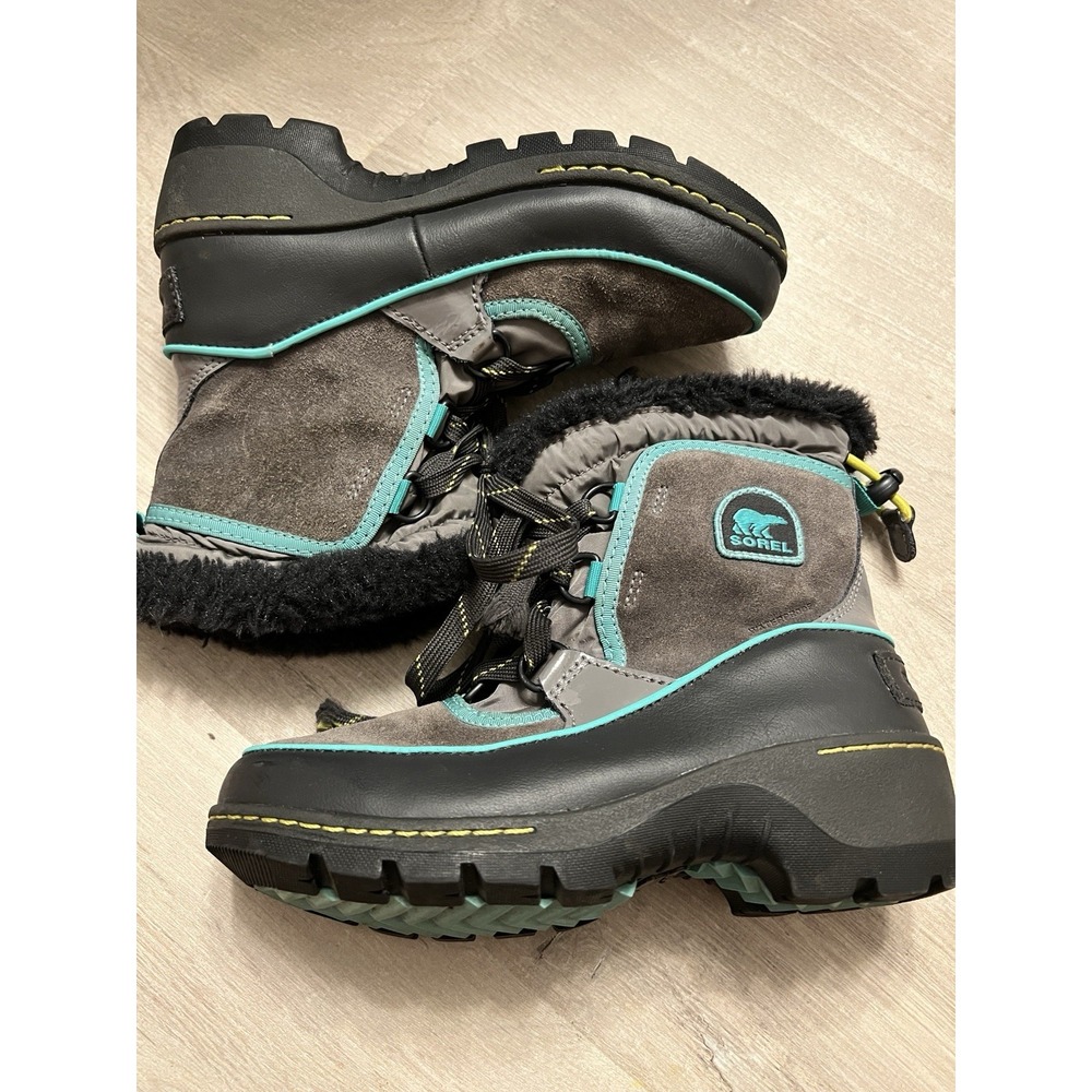 SOREL Winter Snow Boots Youth 1 Tivoli III Gray Teal Suede Faux Fur Waterproof